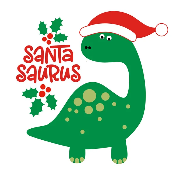 Santa Saurus Netter Brontosaurus Dinosaurier Mit Weihnachtsmütze Lustigem Handgezeichneten Doodle — Stockvektor