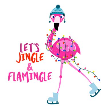 Let's jingle and flamingle - Calligraphy phrase for Christmas with cute flamingo girl. Hand drawn lettering for Xmas greetings cards, invitations. Good for t-shirt, mug, scrap booking, gift. clipart
