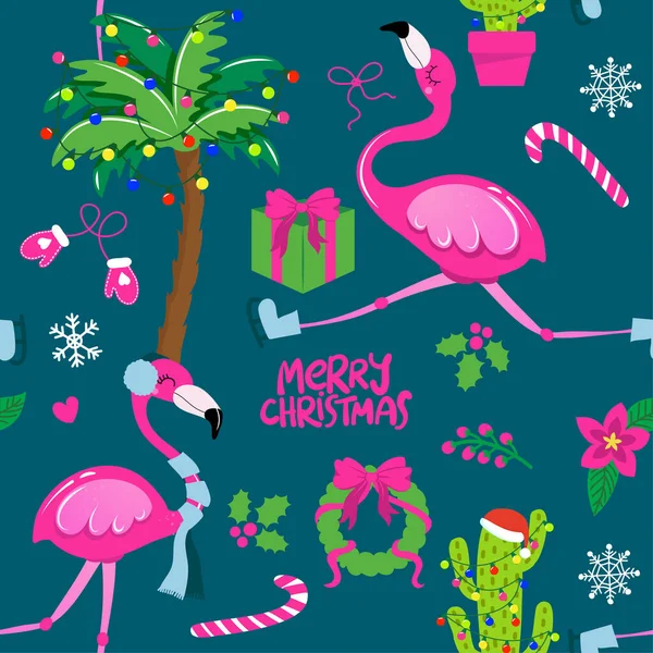 Jolie Noël Motif Juillet Adorable Flamant Rose Cactus Illustration Palmier — Image vectorielle