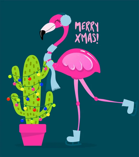 Merry Xmas Calligraphy Phrase Christmas Cute Flamingo Girl Cactus Christmas — Stockvektor