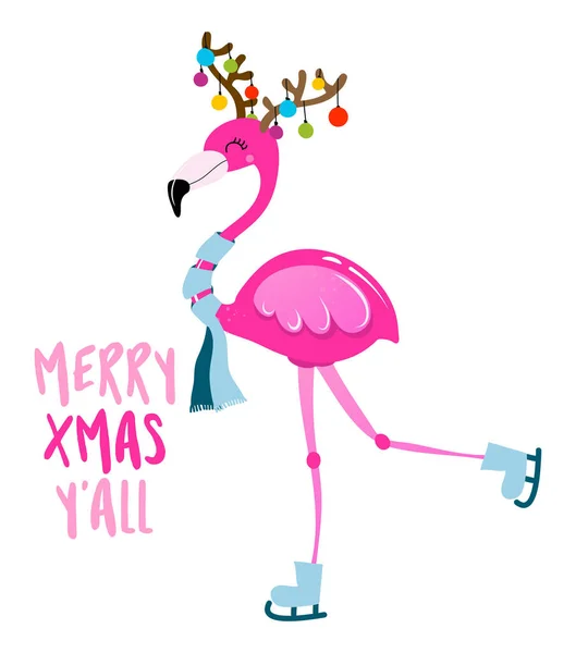 Merry Christmas All Calligraphy Phrase Christmas Cute Flamingo Girl Hand — Stockvektor