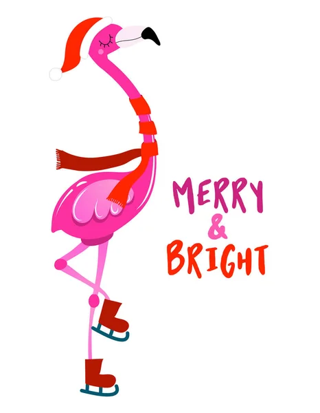 Fröhlich Und Strahlend Kalligraphie Phrase Für Weihnachten Mit Niedlichen Flamingo — Stockvektor