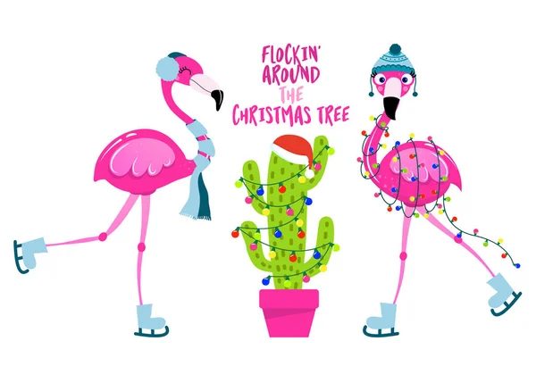 Rund Den Weihnachtsbaum Schaukeln Kalligrafie Phrase Mit Niedlichen Flamingos Handgezeichnete — Stockvektor