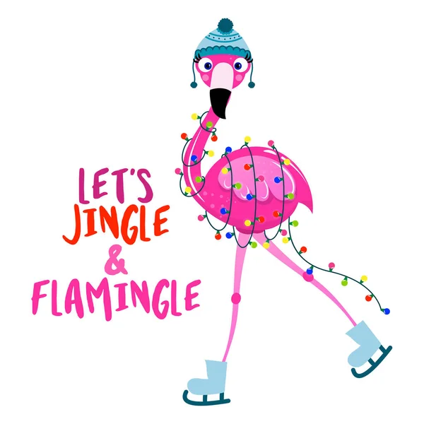 让我们和可爱的火烈鸟女孩一起在圣诞时用Jingle Flamingle Calligraphy短语 为圣诞节贺卡 请柬手绘字母 适合T恤 废品预订 — 图库矢量图片