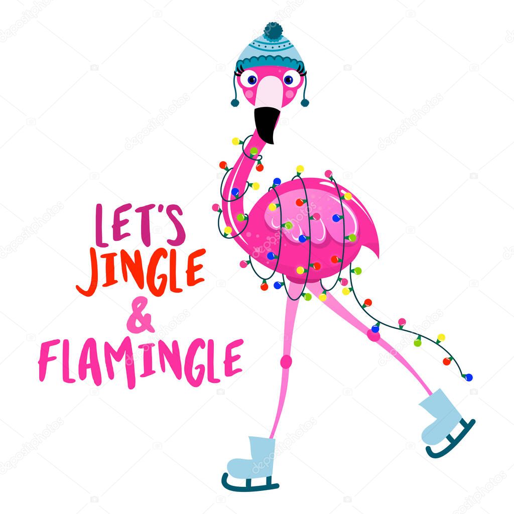 Let's jingle and flamingle - Calligraphy phrase for Christmas with cute flamingo girl. Hand drawn lettering for Xmas greetings cards, invitations. Good for t-shirt, mug, scrap booking, gift.