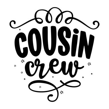 Kuzen Crew - Noel tişörtü, etiket tasarımı. Güzel rozet. El çizimi, tırnak içinde izole amblem. Xmas partisi işareti ya da logosu. koleksiyon defteri, posterler, tebrik kartları, pankartlar, tekstil.