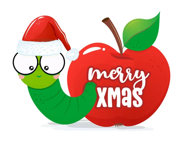 Merry Christmas Cute Worm Red Apple Funny Maggot Santa Hat — Stockvektor