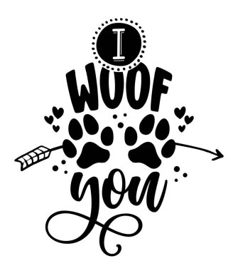 Seni seviyorum (köpek dilinde seni seviyorum) - köpek ayak izli kelimeler. Köpek pençesi, kalp ve kemik ile komik bir hayvan vektörü. Defterler, posterler, tekstil, hediyeler, tişörtler için iyidir..