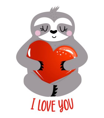Seni seviyorum - şirin tembel hayvan. Komik karalama tembelliği. Sevgililer günü için el yazması mektuplar, tebrik kartları, davetiyeler. Aşk hayvanı. Xoxo, aşk günü selamlaması..