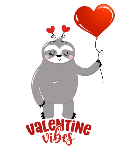 Valentine Vibes Cute Sloth Funny Doodle Sloth Hand Drawn Lettering — 스톡 벡터