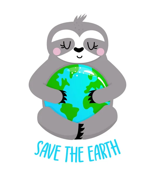 Earth Vector Planet Earth Beautiful Sloth Drawing Planet Earth Lettering — Stock Vector