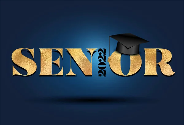 Senior 2022 Felicitaciones Graduado Tipografía Pegatina Dorada Fondo Azul Oscuro — Vector de stock