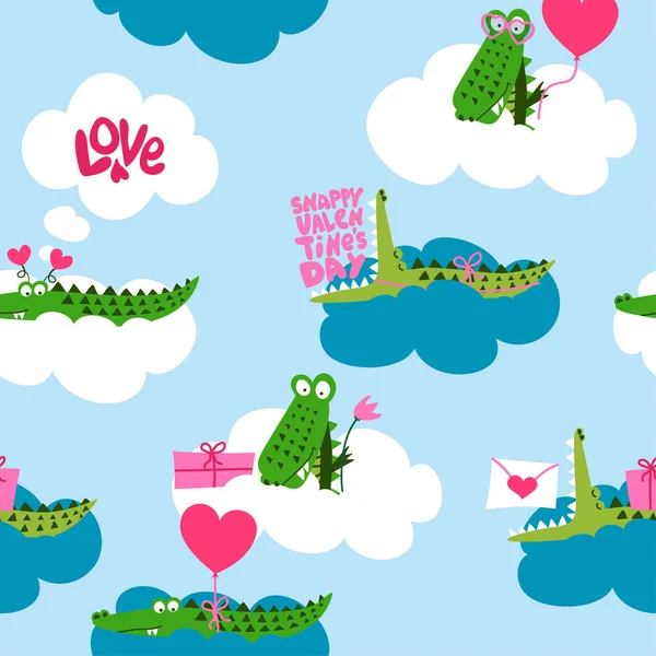 Valentine Day Crocodile Pattern Design Several Alligators Funny Hand Drawn — Stock Vector