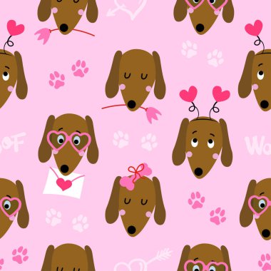 Köpek desenli birkaç dachshund- komik el çizimi karalama, kusursuz desen. Poster ya da tişört tekstil grafik tasarımı. Duvar kağıdı, ambalaj kağıdı, arka plan. Modern doodle Biçimi 