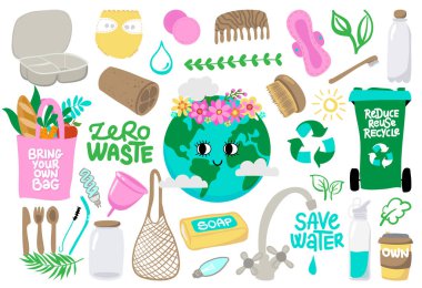Sıfır atık logosu yeniden kullanılabilir öğeler veya ürünler - Eko tarzı. Plastik yok. Yeşile git. Poster tişörtü tekstil grafik tasarımı. Plastik çöplere karşı güzel bir illüstrasyon.