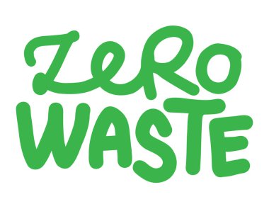 Yeşil yapraklı sıfır atık logosu, el yazısı etiketi. Poster tişörtü tekstil grafik tasarımı. Plastik çöplere karşı güzel bir illüstrasyon.