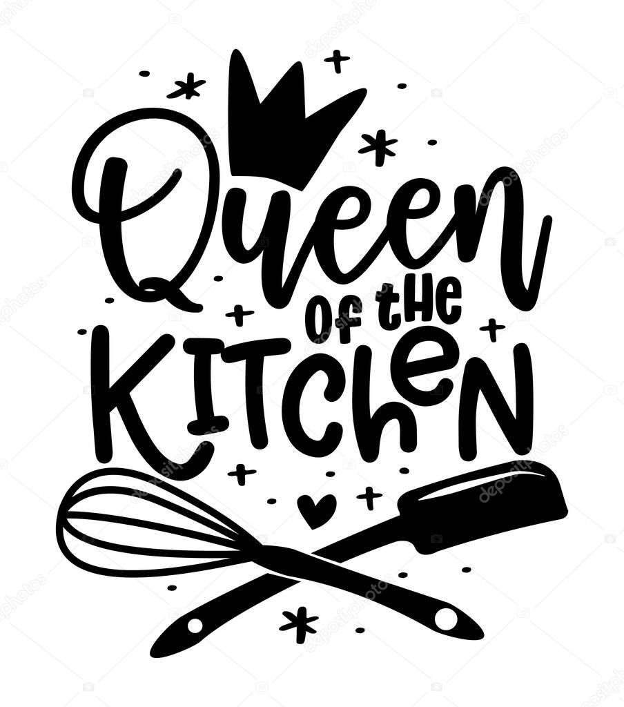Queen of the kitchen - kitchen towel quote label. Good for bakery logo, badge, sticker or Mother's Day gift. illustration, home made food packaging design. Good for business company for kitchen.