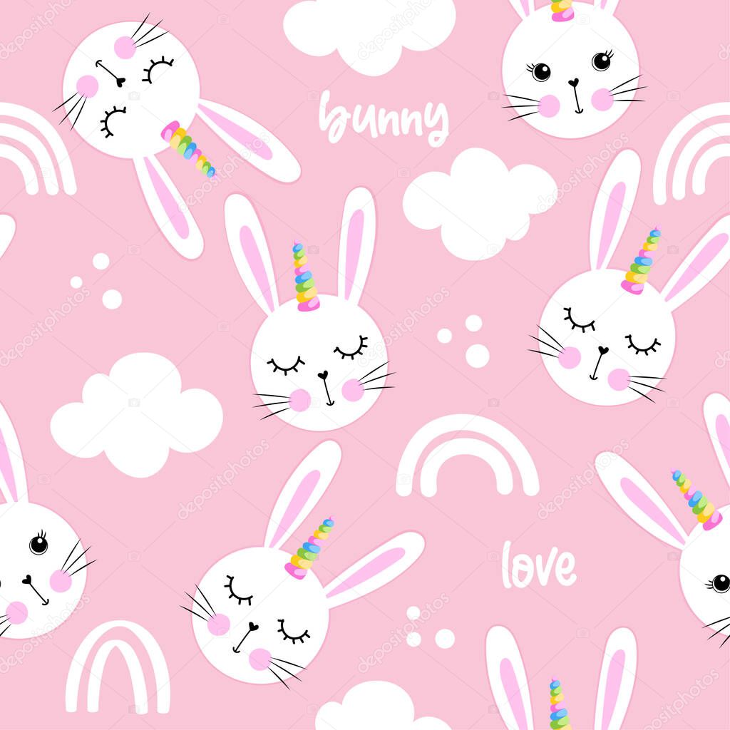 Cute white bunny faces with unicorn hors - funny doodle, seamless pattern. sleeping mask, stars, hearts. Cartoon background, texture for bedsheets, pajamas.