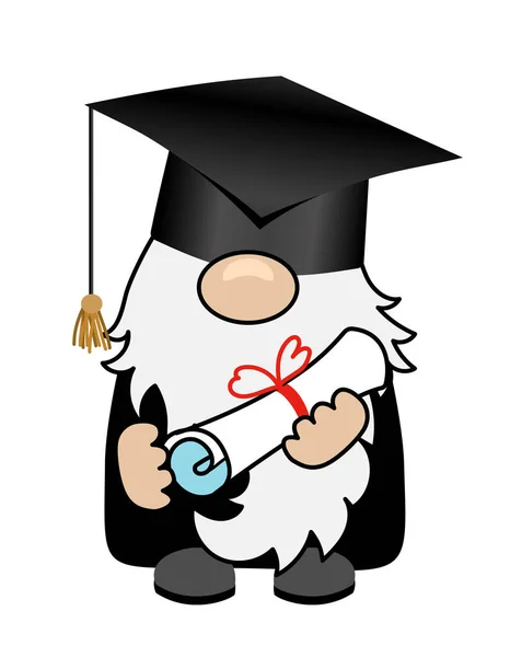 Gnome Boné Pós Graduação Bonito Troll Sorridente Feliz Com Diploma — Vetor de Stock