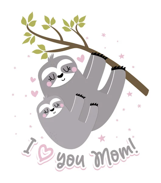 Kocham Cię Mamo Słodki Leniwiec Wiszący Swojej Matce Odpręż Się — Wektor stockowy