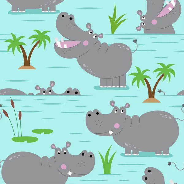 Hippopotamus pattern design with several hippos - funny hand drawn doodle, seamless pattern. Lettering poster or t-shirt textile graphic design. Wallpaper, wrapping paper, background.
