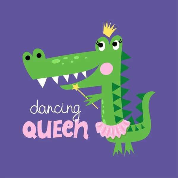 Reine Dansante Drôle Gribouillage Dessiné Main Crocodile Dessin Animé Bon — Image vectorielle