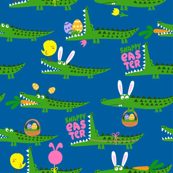 Happy Easter Crocodile Dessin Met Verschillende Krokodillen Grappige Handgetekende Doodle — Stockvector