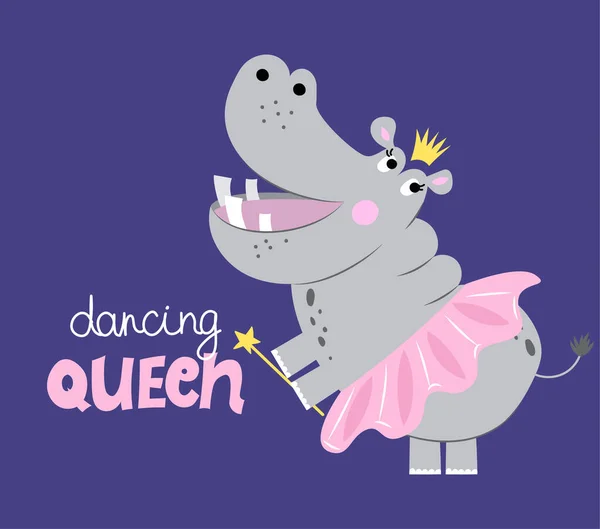 Dança Rainha Mão Engraçada Desenhado Doodle Desenho Animado Hippopopotamus Bom — Vetor de Stock