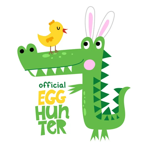 Hivatalos Egg Hunter Vicces Krokodil Húsvéti Nyuszi Jelmezben Tojással Pólók — Stock Vector