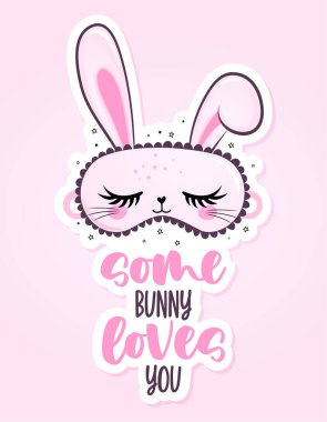 Tavşanın biri seni seviyor - komik el çizimi karalama. Uyku maskesi, yıldızlar, kalpler. Çizgi film geçmişi, yatak örtüsü dokusu, pijama. Uzun kirpikli sevimli tavşan uyku maskesi.