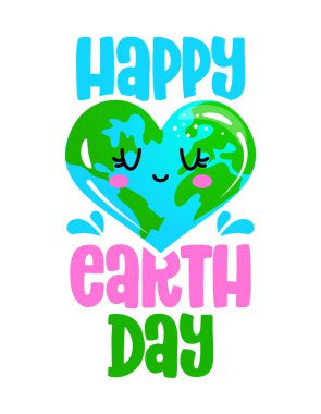 Dünya Günü 'nüz kutlu olsun. Dünya Günü Kawaii, kalp şeklinde Dünya çiziyor. Poster ya da tişört tekstil grafik tasarımı. Güzel çizim. Dünya Günü Çevre Koruma. Her yıl 22 Nisan 'da.