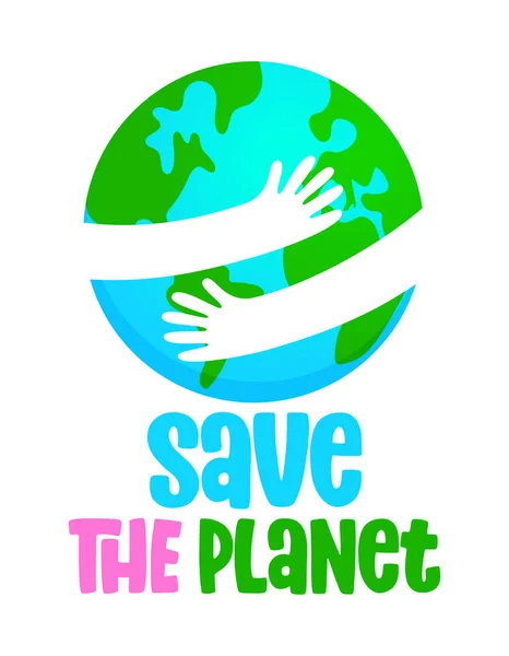 Salve Planeta Dia Terra Kawaii Desenho Com Mãos Abraçando Cartaz — Vetor de Stock