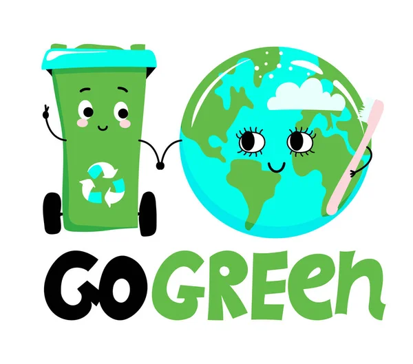 Verde Recipiente Cubo Basura Lindo Planeta Tierra Nada Plástico Verde — Vector de stock