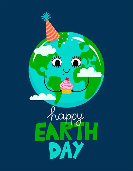 Szczęśliwego Dnia Ziemi Planeta Ziemia Kawaii Rysunek Tortem Urodzinowym Projekt — Wektor stockowy