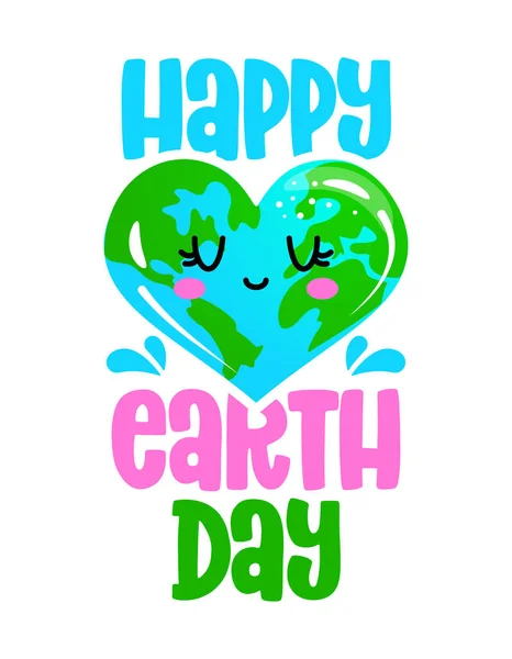 Happy Earth Day Kawaii Hari Bumi Menggambar Dengan Bentuk Hati - Stok Vektor