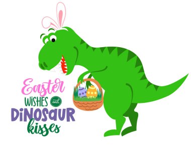 Paskalya dilekleri ve dinozor öpücükleri - komik el çizimi karalama, karikatür dino. Poster ya da tişört tekstil grafik tasarımı için iyi. Vektör el çizimi illüstrasyon. Mutlu Paskalyalar!