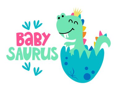 Bebek Saurus - komik el çizimi karalama, karikatür dino. Poster ya da tişört tekstil grafik tasarımı için iyi. Vektör el çizimi illüstrasyon. Dinozor Kraliçesi.