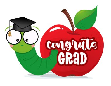Tebrikler Grad! - Akıllı solucan, öğrenci, kırmızı elmalı ve şapkalı. Sevimli tırtıl karakteri. Çocuklar için el çizimi karalama. Tekstil ürünleri, okul setleri, duvar kağıtları, ambalaj kağıtları, giysiler için iyidir..