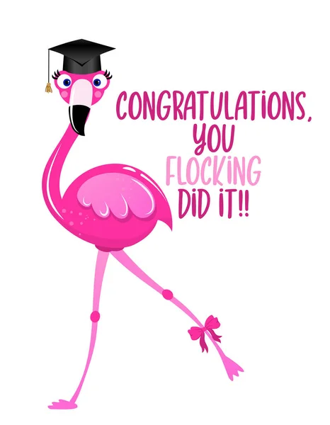 Beautiful Flamingo Girl Graduation Cap Flamingo Lashes Vector Illustration Card — Stock Vector