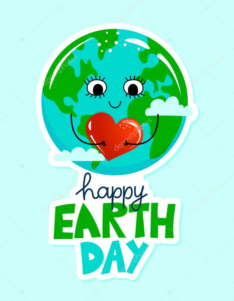 Happy Earth Day - Planet Earth kawaii drawing with birthday cake. Poster or t-shirt textile graphic design. Beautiful illustration. Earth Day environmental Protection. Every year on April 22.
