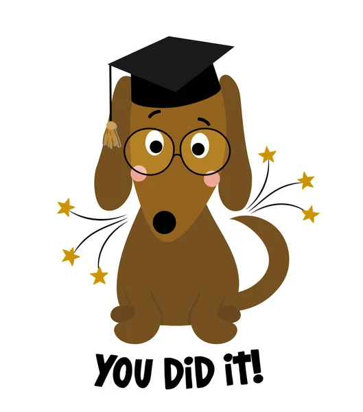 You Did Smart Dachshund Student Graduate Cap Cute Dog Character — Vetor de Stock