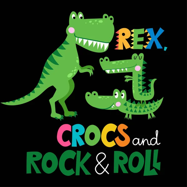 Rex Crocs Rock Roll Funny Hand Drawn Doodle Cartoon Dinosaur — Stock Vector