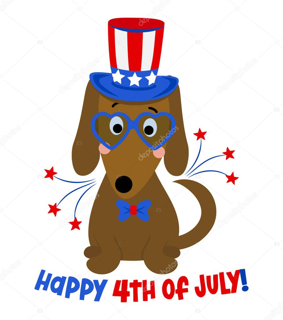Happy 4th of July - Doodle draw funny USA dog. Hand drawn lettering for Independence Day greeting card, invitation. Good for t-shirt, mug, gift, printing press. Adorable dachshund dog.