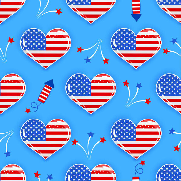 Сердца США и дизайн фейерверков в цветах США - смешной рисунок бесшовный узор. обои, оберточная бумага. С Днем Независимости. Красный, белый и синий. Счастливого 4 июля.