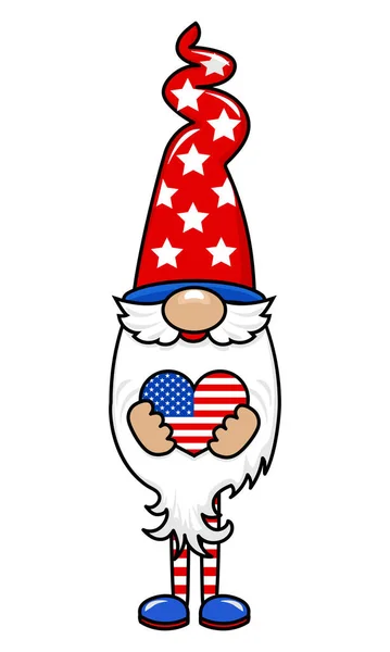 Cute Lipca Gnome Sercem Usa Ręcznie Rysowane Współczesny Karzeł Ilustracji — Wektor stockowy