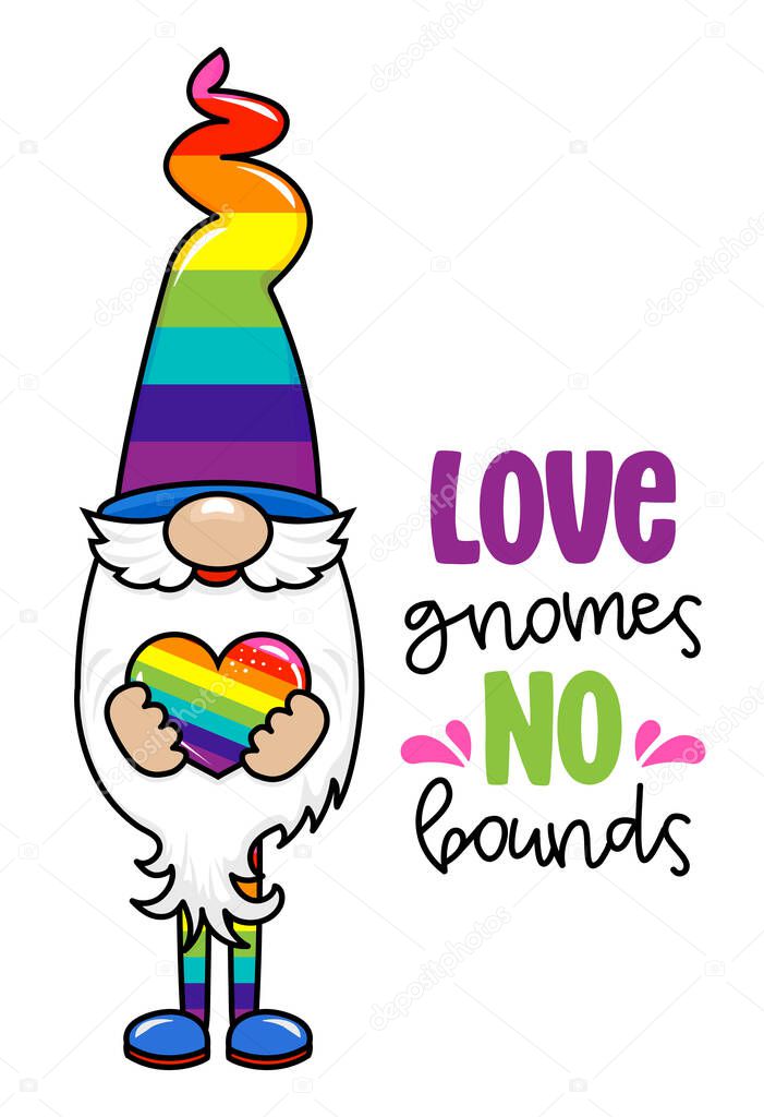 Love gnomes, no bounds - hand drawn modern dwarf illustration. Perfect for advertising, poster, announcement or greeting card. Beautiful gnome in happy Pride Month costume. Love is love.