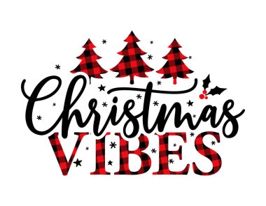 Noel Vibes, Mutlu Xmas - Kırmızı ve siyah ekose İskoç bufalo desenli metin. Noel ya da diğer hediyeler için tebrik kartı yazıları. Xmas tebrik kartları, davetiyeler.