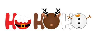 Ho Ho Ho - sembollü metin. Noel Baba, Ren geyiği ve kardan adam üçlü. Komik Mutlu Noeller sözü.