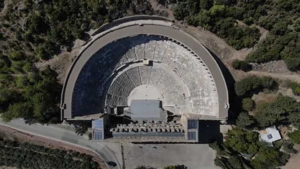 Torkar drönare syn på antik teater, Aspendos, Antalya — Stockvideo
