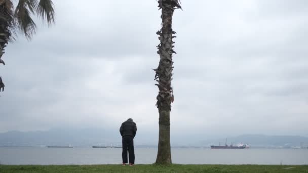 Nachdenklicher Trauriger überquert See — Stockvideo